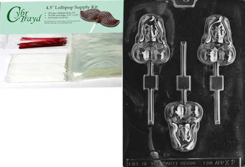 Cybrtrayd 45StK50R-X002 Dolly Lolly Adult Chocolate Candy Mold with Lollipop Supply Bundle, Includes 50 Lollipop Sticks, 50 Cello Bags and 50 Red Twist Ties