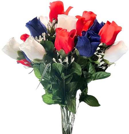 Admired By Nature 14 Stems of Artificial Blossoms Rose Bush for Home Office, Wedding and Restaurant Decoration Arrangement, Red/White/Blue