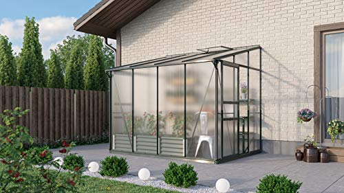 Gartenwelt Riegelsberger Anlehngewächshaus Ida - Ausführung: 5200 HKP 4 mm dunkelgrün, Fläche: ca. 5,2 m², mit 1 Dachfenster, Sockelmaß: 1,90 x 2,54 m