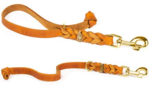 Fettleder Kurzführer, Führleine, Kurzleine (35 cm x 10 mm Messing, Cognac)