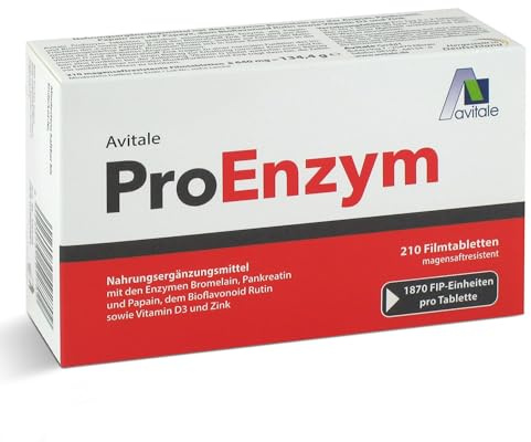 Avitale ProEnzym, magensaftresistende Filmtabletten mit Enzymen, 210 Stück | Mit den eiweißspaltenden Enzymen Bromelain, Pankreatin, Papain, dem Bioflavonoid Rutin, Vitamin D3 + Zink, 1870 FIP-Einheiten