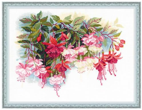 Riolis Kreuzstich-Set Fuchsie, Zählmuster | Blumendesign, 14 Karat weißer Zweigart-Aida, 25 Woll-/Acrylfarben, mittlere Ebene, Diagramm und Nadel im Lieferumfang