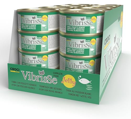 Croci Vibrisse Nassfutter in Gelee für Katzen auf Basis von Thunfisch und Weißfischen, Köstliches Gelee, 24 x 70 g
