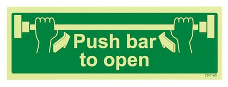 V Safety Glow In The Dark Push Bar To Open Door Sign - 300mm x 100mm - Rigid Plastic