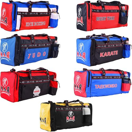 MAR | Sports Duffle Gym Bag (All in One) Unique Bottle Holder, Kickboxing Styled Multi-Compartment Holdall, Fitness Kitbag for Martial Arts, Unisex Equipment Carry Bag - Red, Blue & Black Kit Bag