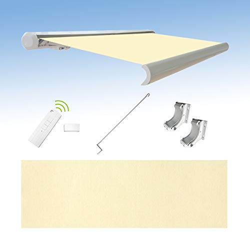Eclipse Vollkassettenmarkise Premium elektrisch 4x3m Markise Balkon Terrassenüberdachung Kassettenmarkise Gelenkarm Polyacryltuch UV-Schutz 50+ Smarthome-fähiger Dooya Motor, Markisentuch: Beige