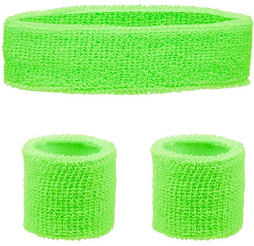 Schweissband und Stirnband Set – Schweißband Neon für 80er Jahre Outfit Damen - Neon Accessoires für Fun Runs Team Building Events Pride Partys Gymnastik Sport Tennis – Stirnband 80er Jahre (Grün)