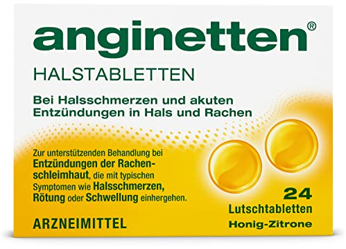 anginetten Halstabletten | schmerzlindernde Lutschtabletten Honig-Zitronen Geschmack | bei Halsschmerzen, Rötungen und Schwellungen im Mund | beruhigt den Hals und desinfiziert den Mund | 24 Stück