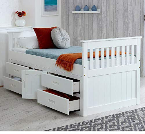 Happy Beds Captains Wooden White Pine Storage Bed Drawers Cupboard Bedroom Furniture with Deluxe Reflex Spring Mattress 3' Single 90 x 190 cm