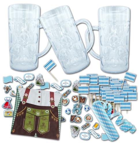 Unbekannt Oktoberfest Partygeschirrset inkl. 3 hochwertigen Maßkrügen 1 l aus SAN Kunststoff
