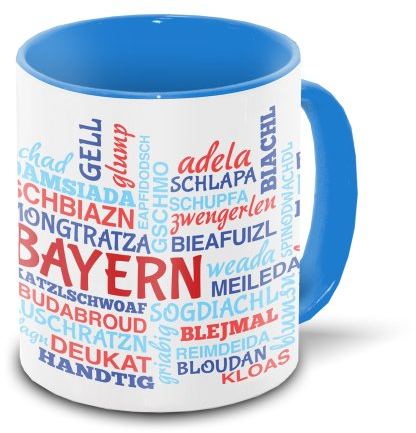 Bayern-Tasse Tagcloud - weiß/blau - Tasse mit typischen Wörtern im bayrischen Dialekt | Keramik-Tasse mit 330 ml Inhalt
