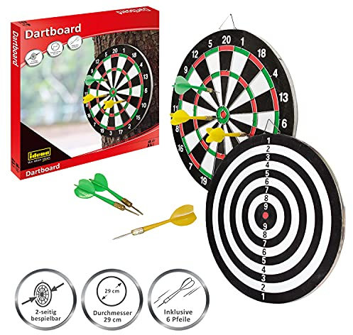 Idena 6176535 - Dartspiel mit 2 Dartscheiben und 6 bunten Pfeilen, 2 seitig bespielbar, Durchmesser ca. 29 cm, für drinnen und draußen