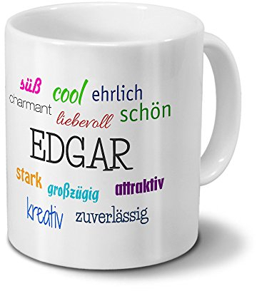 printplanet Tasse mit Namen Edgar - Positive Eigenschaften von Edgar - Namenstasse, Kaffeebecher, Mug, Becher, Kaffeetasse - Farbe Weiß