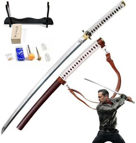 Swords and More The Walking Dead Katana - Handgeschmiedet, Gefaltet, Set Mit Scheide, Schwertständer & Pflegeset, Samurai Schwerter Scharf Echt, Zombie Hunter für TWD Fans