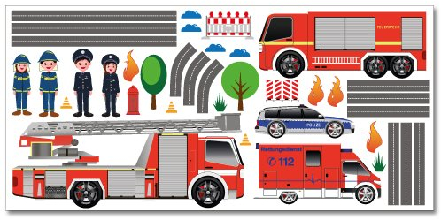 Wandkings Einsatzfahrzeuge Wandsticker XL Set, 41 Aufkleber, Gesamtfläche 130 x 70 cm