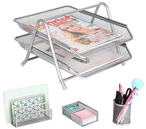 Exerz Mesh Desk Organizer Office Supplies 3 Trays/Desktop File Holder with Sliding Drawer and Hanging File Holder/Vertical Upright Section for Office Home Multifuntional (EX2480 Silver)