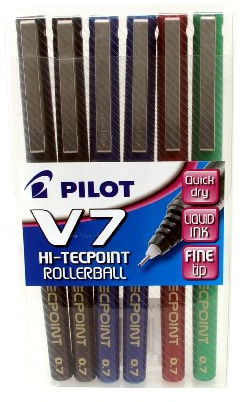 Pilot V7 Hi-Tecpoint Rollerball Pen, 0.7 mm Tip - Assorted, Pack of 6