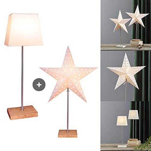 Tischlampe mit Wechselschirm Leo von Star Trading, 3D Papierstern Weihnachten oder eckiger Lampenschirm in Weiß mit Fuß aus Holz und Metall, Dekostern Tischleuchte mit Kabelschalter, E14, Höhe: 65 cm
