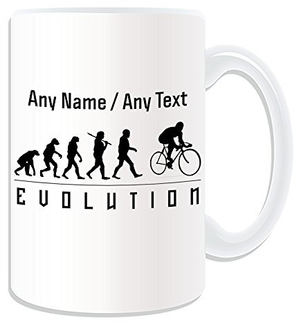 Personalised Gift - LARGE Cycling Mug (Evolution Design White) Any Name Message on Unique - Team Player Outline Contour Olympic Game Sport Bicycle Touring Racing Riding Bike Cyclist Road Biking Biker