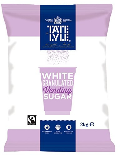 Tate & Lyle Fairtrade Vending Sugar 6 x 2kg - Free Flowing White Granules | Case of six two kilo bags, quick dissolving, anti clumping, waterproof packs, machines, dispensers, coffee stations