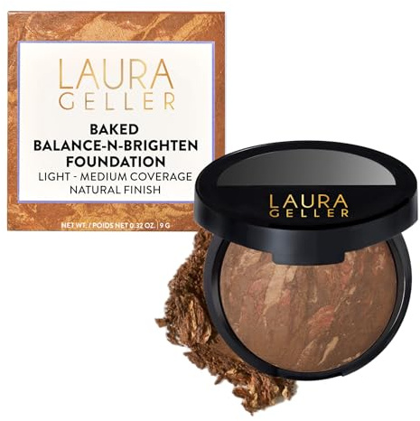 Laura Geller New York preisgekrönte Baked Balance-n-Brighten Color Correcting Powder Foundation – Toffee – aufbaubare leichte bis mittlere Deckkraft – seidenmattes, natürliches Finish
