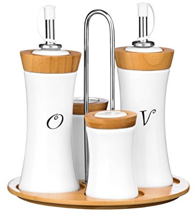 Premier Housewares 1103947 Set di Condimenti, 4 Pezzi, Olio/Aceto/Sale/Pepe, in bambù/Ceramica