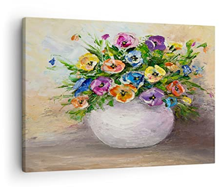 Bilder auf Leinwand Blumen Blumenstrauß Vase bunt Leinwandbild 70x50cm Wandbilder Dekoration Wohnzimmer Schlafzimmer Küche Deko Klein Wanddeko Bild Wand Kunstdruck Art Wall Decor Canvas AA70x50-2915