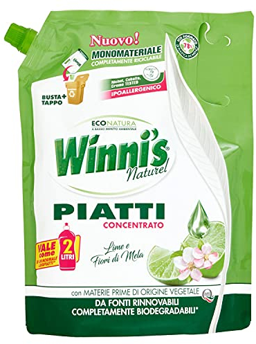 Winni's - Detersivo Piatti Ipoallergenico e Delicato sulla Pelle, Fragranza Lime e Fiori di Mela, con Materie Prime di Origine Vegetale, 1000 ml