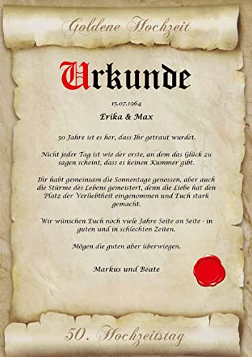 Goldene Hochzeit - Urkunde zum 50. Hochzeitstag - personalisiert XL Goldhochzeit Geschenk Karte - A4 Geschenkidee mit Name & Datum - Glückwunschkarte