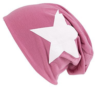 shenky leichte Mützen mit Sternchen Jersey Beanie Stern lange Stars (Rosa mit weißem Stern)