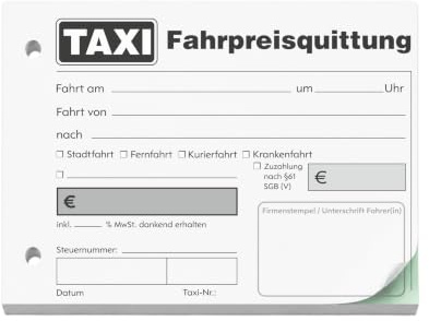 10x Taxiquittungsblock Fahrpreisquittung DIN A6, 2x50 Blatt, 2-fach SD | Taxiquittungsblock DIN A6 quer – 50 zweifache Sätze, weiß/grün, selbstdurchschreibend und gelocht