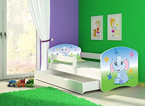 CLAMARO 'Fantasia Weiß' 140 x 70 Kinderbett Set inkl. Matratze, Lattenrost und mit Bettkasten Schublade, mit verstellbarem Rausfallschutz und Kantenschutzleisten, Design: 27 Bunter Elefant
