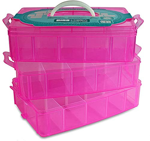 Bins & Things Pink 3-Tier Stackable Bead Organizer with Lids - Craft Organizers and Storage Box - 30 Adjustable Compartments for Art Supplies, Sewing Needs, or Kids’ Toys - Portable Design