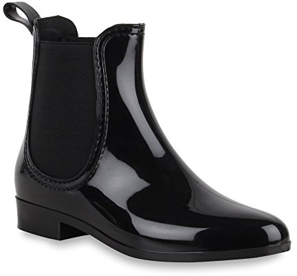 Damen Lack Stiefeletten Gummistiefel Chelsea Boots Schuhe 47275 Schwarz Bernice 39 Flandell