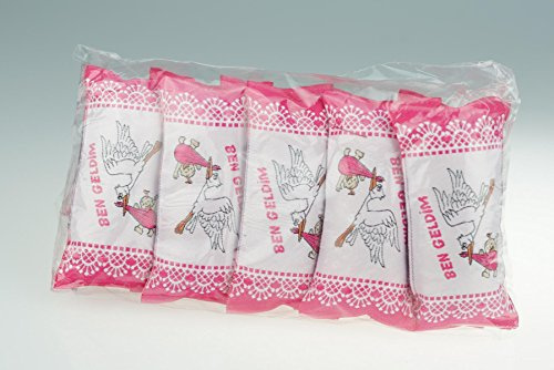 10 Stück Gastgeschenke Mitgebsel Bonboniere 'kleines Kissen (rosa, ca. 3x4,5x10cm) - Storch mit Baby' mit der Aufschrift 'Ben geldim' (sinngem. übersetzt 'Ich bin da')/ Bebek Sekeri Bonboniere Gastgeschenk Taufe Baby Mevlüt Sünnet Geburt Mitgebsel
