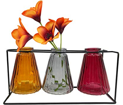 3er Set Vase Glasflasche mit Metallständer im Vintage Look H: 10cm - als Vasen Set, Tischdeko etc.