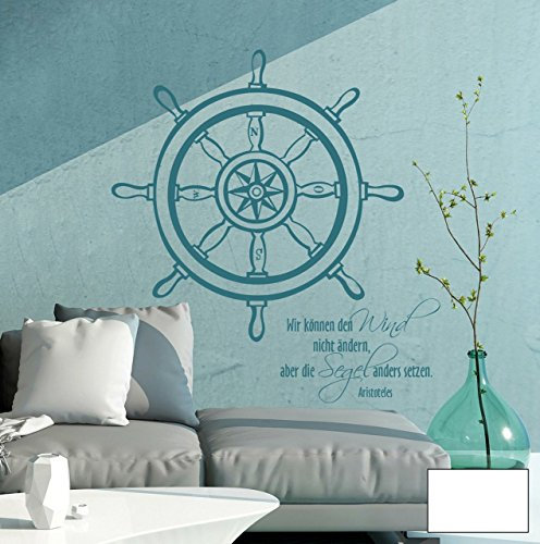 Wandtattoo Wandaufkleber Steuerrad Meer Wind Spruch Zitat von Aristoteles M1485 - ausgewählte Farbe: *Weiß* ausgewählte Größe:*M 60cm breit x 70cm hoch