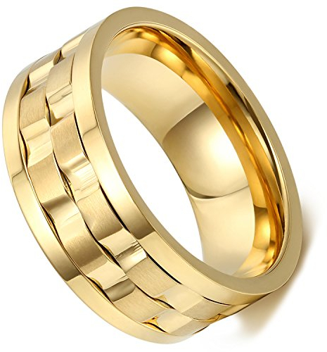Flongo 9mm Edelstahl Ring Ringe Band Gold Golden Gravierte Gravur Welle Design Drehbar Charm Charme Elegant Herren, 67mm