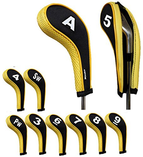 Andux 10pcs/set Number Print Golf Iron Club Head Covers with Zipper Long Neck Black/yellow