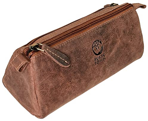 Rustic Town Federmäppchen aus Leder – Vollnarbenleder mit Reißverschluss – Schreibwaren-Tasche Stifthalter für Arbeit und Büro, braun, M, Taschen-Organizer