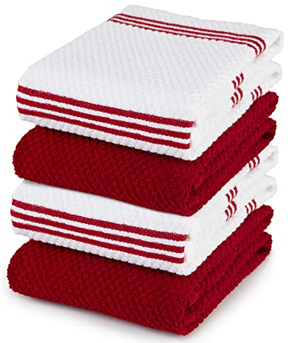 Sticky Toffee 100% Baumwolle Frottier Geschirrtücher, 4er Set Geschirrtücher | 40,6 x 71 cm | Rot | Weiche saugfähige Restaurant-Bar-Glas-küchentücher