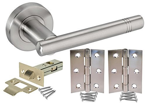 Brushed Steel Door Handle Set with Latch and Hinges H730015S HL1