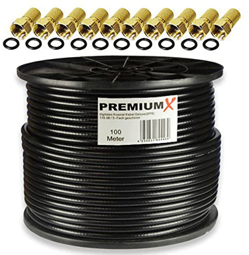100m Câble coaxial PremiumX DELUXE PRO de NOIR 135dB Câble d'antenne SAT en cuivre pur blindé à 5 voies avec 10x F-Plug avec bague d'étanchéité