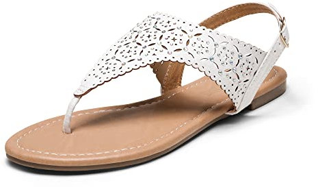 Dream Pairs Sandales à Bout Plat pour Femme Confortables et Elégantes Jolies Sandales de Plage avec Sangle en T MEDINIE,Size 38,Blanc,MEDINIE