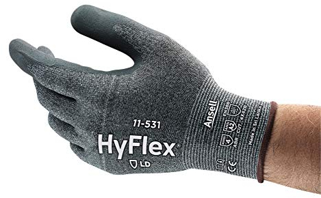 Hyflex Ansell 11-531 Schnittschutz Arbeitshandschuhe, Mechanikschutz, Griff- und Komforttechnologie, Industrie und Mechaniker Handschuhe, Waschbar, Schwarz, Größe L (12 Paar)