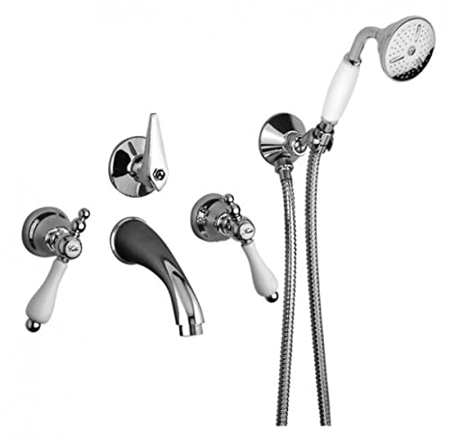 Luxus Bad Zubehör - Jugendstil Retro Unterputz Wannenbatterie mit Schlauch Handbrause und Wandhalter - Armatur für Badewanne - Chrom - Serie Milano - Made in Italy