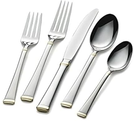 Mikasa Gold Accent Harmony Flatware Set for 12, 65 Piece 18/10 Stainless Steel Silverware with Gold-Trimmed Handles and Serving Utensils, Elegant Dinnerware Service