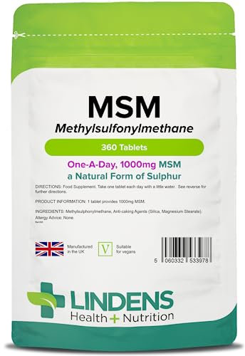 Lindens MSM 1000mg - 360 Vegan Tablets - 1-A-Day - UK Made - Rich in Sulphur, Joint Support, Tissue, Enzyme, Compound Support | Natural Sulfur | (Methylsulfonylmethane) | (12+ Months Supply)