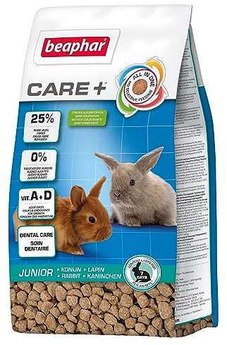 BEAPHAR – CARE+ – Alimentation Super Premium extrudée pour lapin junior – 25% de fibres – Appétent, sans sucre ajouté ni colorant – Haute digestibilité – Participe à l’usure naturelle de dents – 250 g