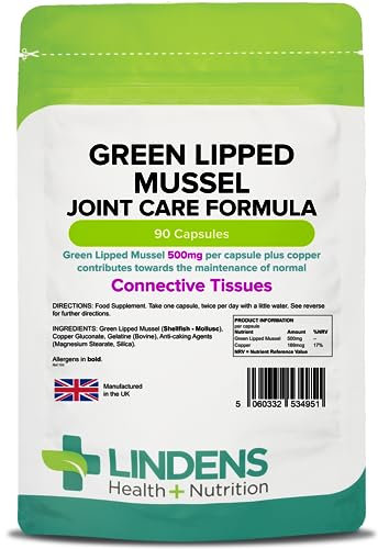 Lindens Green Lipped Mussel 500mg Capsules - 90 Pack - Joint Care Formula in Convenient, Rapid Release Capsules - UK Manufacturer, Letterbox Friendly, Cream
